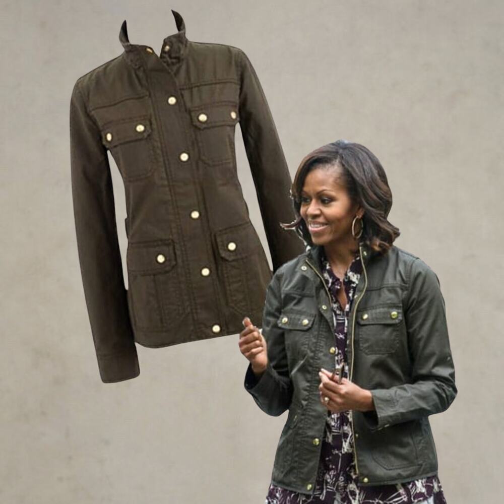 JCrew Downtown Field Waxed Utility Boyfriend Mossy Brown Green Jacket‎ XS Obama